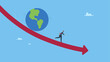 © Saklarboy - Frustrated businessman investor run away from falling down earth. World economic recession, global financial crisis or international stock market crash, investment asset fall down, decline.