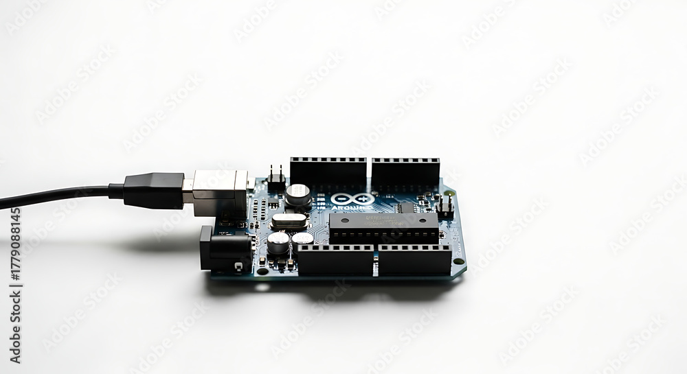 Arduino uno board connected with a usb cable on a white surface in a ...
