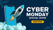 © Artzen - Vector art of cyber monday special offer, a smartphone with a rocket launching from it, symbolizing fast delivery and online shopping deals