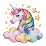 Enchanting unicorn portrait with rainbow mane, horn, and whimsical pastel clouds