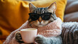 © Alex Alex - A cat wearing dark glasses and wrapped in a blanket. The cat holds a cup in its paws, creating an atmosphere of coziness and comfort, as if it were resting on a sofa.