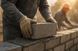 © Z - Construction worker carefully placing concrete block while building a yard fence wall, teamwork and craftsmanship on a sunny day.