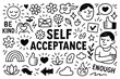 © FriskySloths - Self acceptance concept with confidence, self love, and positive affirmation symbols in black and white doodle style, Transparent Background