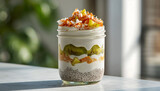 ultra realistic layered coconut chia pudding parfait with passionfruit and kiwi in glass jar