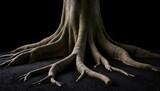 Bayan Tree Roots and Earth Close up, detailed view of the intricate, exposed root system of a giant bayan tree, interwoven with rich, dark earth. Focus on texture and organic patterns. No people or