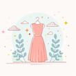 © Adi - Elegant Coral Pink Sleeveless Midi Dress on Mannequin Surrounded by Stylized Greenery and Starbursts Against a Soft Blue and White Background
