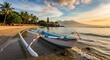 © Salman - Traditional Balinese boat on the shore at sunrise with mountain backdrop