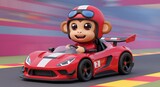 Animated cartoon monkey character driving a red sports car on a race track, smiling
