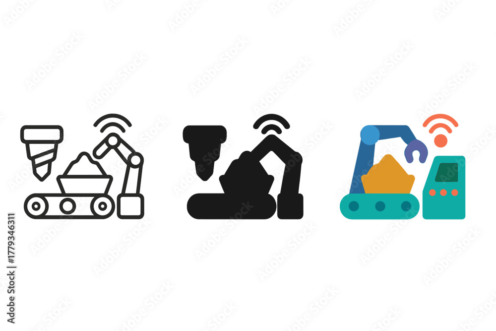 Resource Extraction Icons. Linear minimalistic resource extraction icon: drill head, conveyor belt, storage container, robotic arm