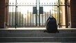 © XIN KONG - mediocrity. Abandoned backpack on empty school steps as gate closes in melancholic morning light. wellbeing guides, coaching materials, designed for mental health education and mindfulness programs.