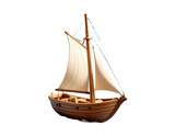Wooden Sailboat Model on Stylized Ocean of Curved Striped Waves, Artistic Coastal Concept, Isolated on Transparent Background PNG