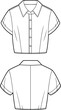 © Creative Crave - Cropped shirt technical fashion sketch, pointed collar, button-down front, short sleeves, vertical seams, back yoke, front and back views, garment construction vector illustration