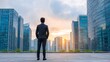 © PB Studio - in formal suit standing on rooftop terrace looking at city skyline filled with tall glass buildings, hands in pockets, sunrise in background, copy space in sky area [Businessman look]:[building
