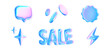 © Doloves - 3d glass sale discount icons. Holographic speech bubble, sale round starburst badge sticker, glass hologram sale word, iridescent flash. Vector design element for sale, price, promotion, discount