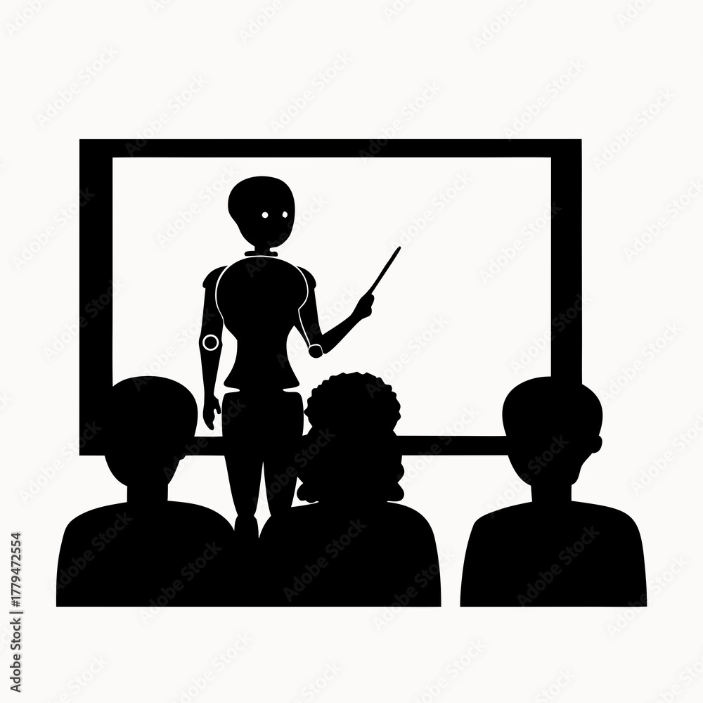 Robot presenting to a group of people in front of a whiteboard with a ...