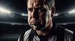 © kamral - Intense referee blowing whistle at stadium, focused on fair play in the heat of the game, sportsmanship and authority on the field with bright lights