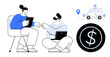 © robu_s - Two individuals working on tablets and laptop, discussing ride-sharing car with locator and cost icon. Ideal for technology, teamwork, transportation, finance, app design, innovation, planning