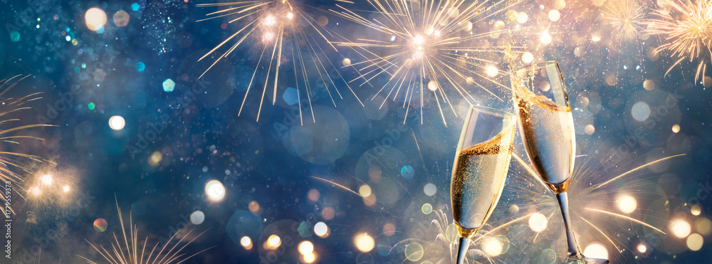Champagne Toast - Happy New Year - Flutes With Golden Fireworks In ...