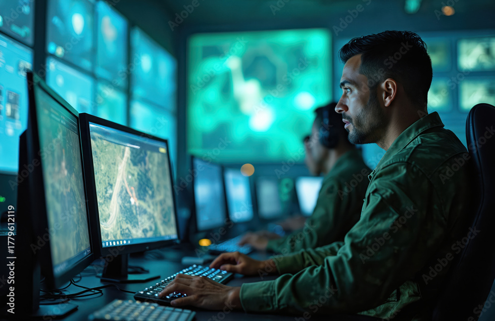 Military men work in dark control room at night. They monitor screens ...