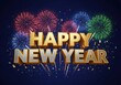 © Elma - Happy new year greeting with golden and silver 3d letters against a backdrop of colorful fireworks and confetti, creating a festive atmosphere