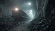 © OlegKovalevich - Industrial mining train carrying coal through dark tunnel with wet rocky walls under artificial light. Concept of energy production and underground logistics
