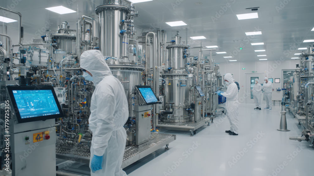Workers in sterile white cleanroom suits monitoring complex stainless ...