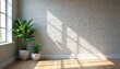 © miss irine - Empty room white brick wall, wooden floor. Sunlight streams through window, casting shadows. Two green plants sit in pots near bright window. Clean interior background for online presentations,