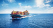 © moofushi - Aerial panorama of a cargo ship carrying container for import and export, business logistic and transportation in open sea with copy space