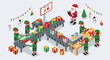© crsnd - Isometric illustration of Santa's workshop with elves wrapping presents on a conveyor belt.