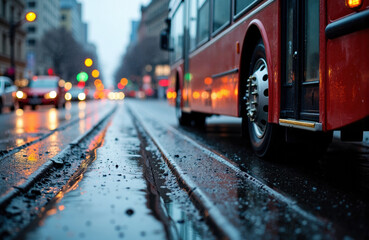 Naklejka na meble Red bus traveling on wet city street with blurred traffic lights in the background
