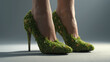 © Ella - Photorealistic image of elegant high heels covered with natural moss, symbolizing harmony between nature and fashion.