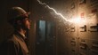 © Evarelle - Electrician witnessing a dangerous short circuit from an electrical panel. Industrial accident with an arc flash and sparks. Workplace safety and hazard concept