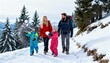 © Evarelle - Happy family hiking in the snow on a mountain trail. Parents and children playing with snowballs during a winter vacation. Active outdoor lifestyle concept