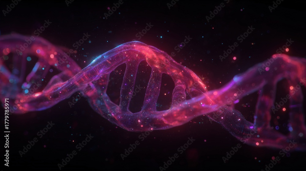 The design showcases a double helix structure of DNA, illuminated with vibrant pink and blue colors.