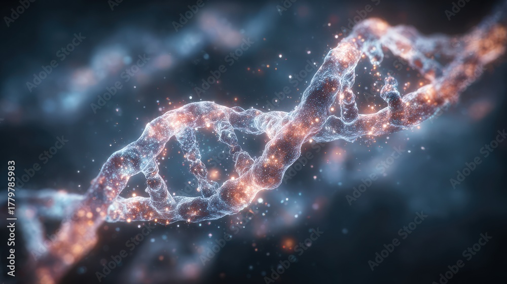 A vibrant DNA strand is depicted with glowing colors and intricate details. The strand twists and turns, showcasing its complex structure in a dynamic representation of life at the molecular level.