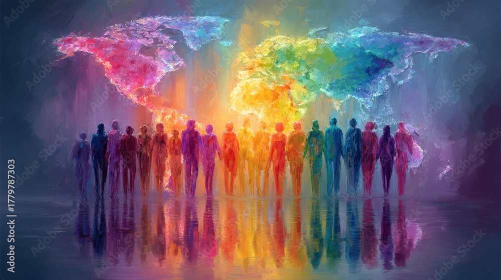 Colorful silhouettes of people are positioned in front of a brightly colored world map. This abstract artwork symbolizes unity and diversity, showcasing a harmonious blend of shapes and colors.