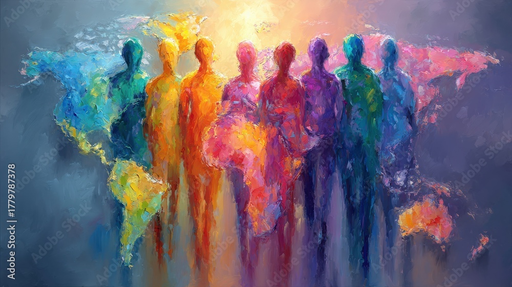 Colorful silhouettes of diverse individuals stand side by side, set against a vibrant map of the world. The image symbolizes unity and global connection, blending shades of blue, orange, and purple.