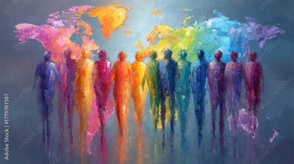 Silhouettes of diverse figures stand together in vibrant colors, set against a colorful world map. The scene symbolizes unity and diversity, showcasing global connections among people.