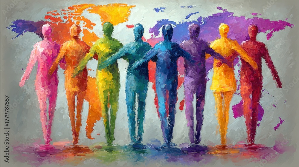 Colorful, abstract figures stand side by side, holding hands, in front of a bright, stylized world map. This scene represents unity and diversity in a creative, artistic way.