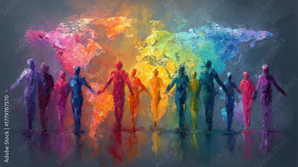 Silhouettes of diverse individuals in bright colors hold hands, forming a chain against a vibrant world map.