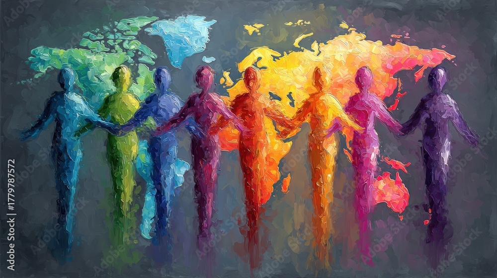 Silhouettes of diverse figures stand together, holding hands against a colorful world map backdrop. The artwork symbolizes unity and global connection, showcasing harmony among different cultures.