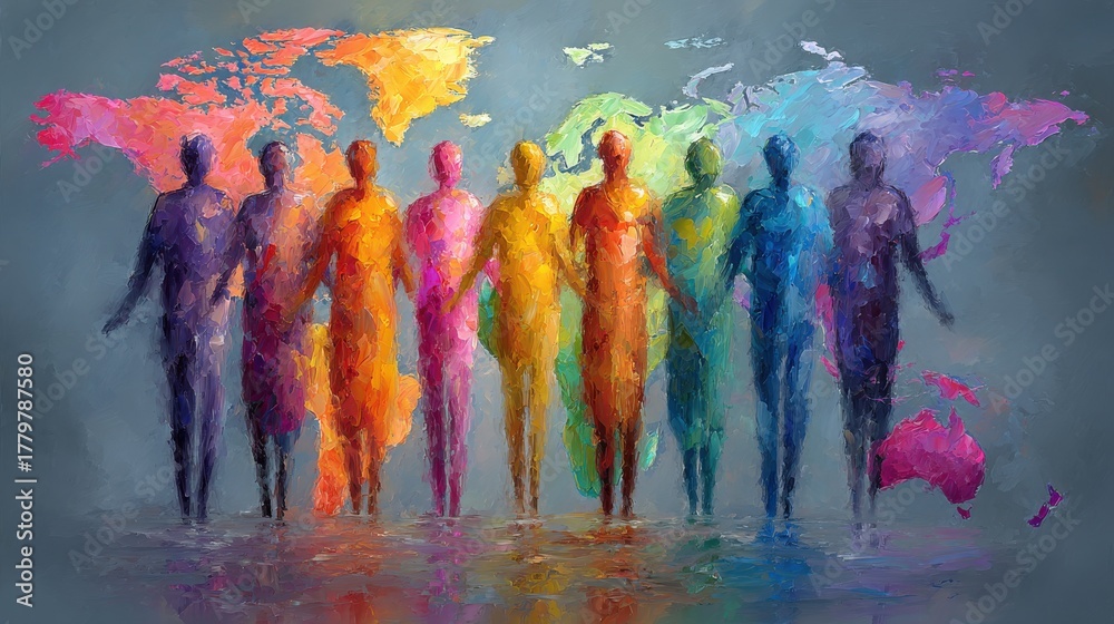Colorful silhouettes of people stand together in harmony against a vibrant world map background. The artwork represents unity and diversity among different cultures and communities.
