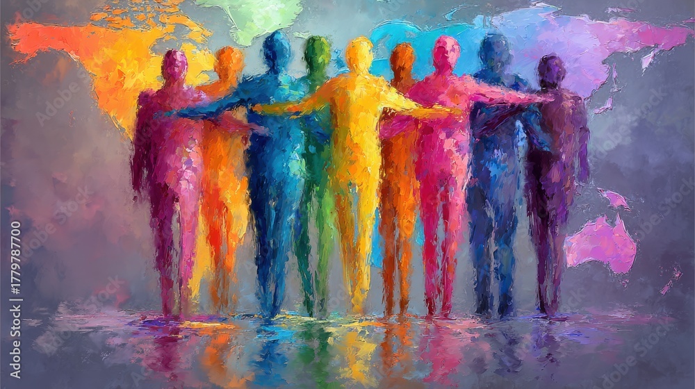A group of colorful human figures stands together with arms linked, set against a lively world map. The artwork symbolizes unity and diversity in a bright, abstract style.