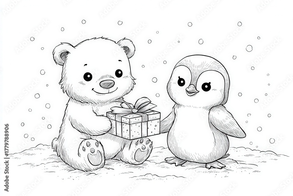 A bear happily presents a wrapped gift to a penguin in a winter wonderland. Snowflakes are gently falling around them, creating a festive and cheerful atmosphere.