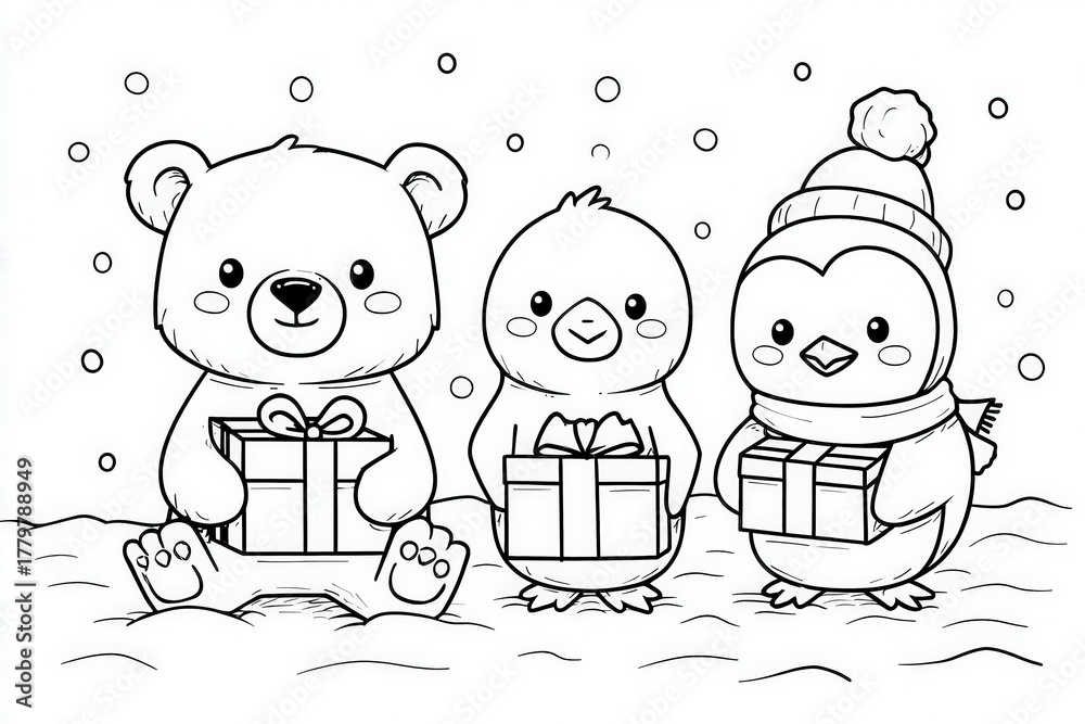 A bear, a bird, and a penguin stand together in snow, each holding a colorful gift. The scene captures a joyful winter celebration, complete with falling snowflakes and a cheerful atmosphere.
