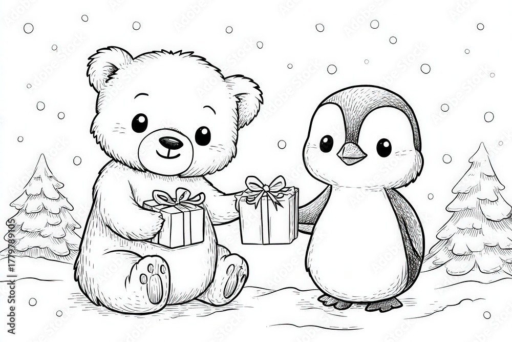 A bear and a penguin stand together in a snowy scene. The bear holds a gift while the penguin presents another. Snowflakes fall gently around them, creating a festive atmosphere.