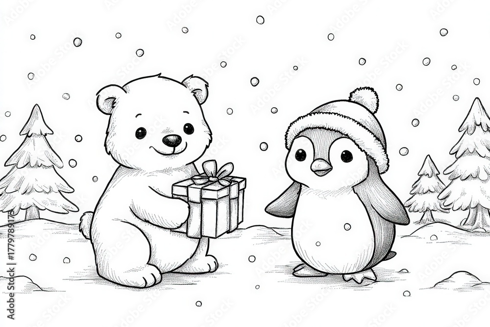 A bear holds a gift while standing next to a penguin in a snowy forest. Snowflakes fall gently around them, and tall pine trees create a festive winter backdrop.