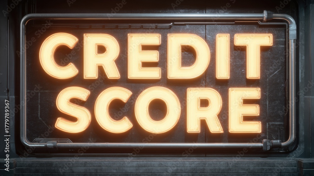 A bright neon sign displays the words Credit Score in bold lettering. This serves as a reminder of the importance of monitoring credit scores for better financial planning and loan eligibility.