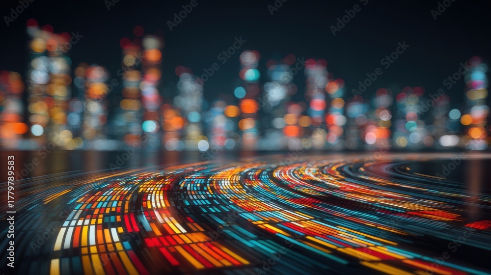 Bright lights from a bustling city skyline illuminate the night sky, reflecting on a glossy surface. Colorful streaks of light create a dynamic scene filled with energy and movement.