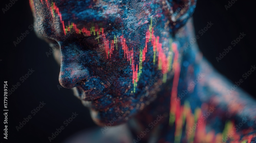A man with artistic body paint displays various stock market trends in vibrant colors. The detailed patterns illustrate market fluctuations, creating a striking visual impact.